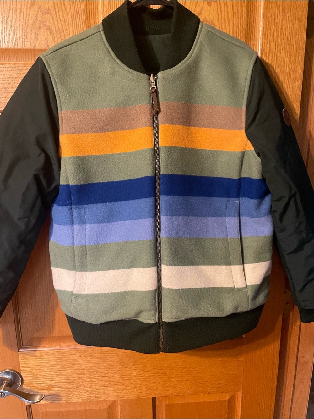 Pendleton Olive/ Reversible Multi-Stripe Puffer Jacket